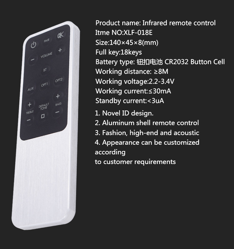 Stylish Metal Remote Control 18 Keys 140*45*8mm With Cell Battery